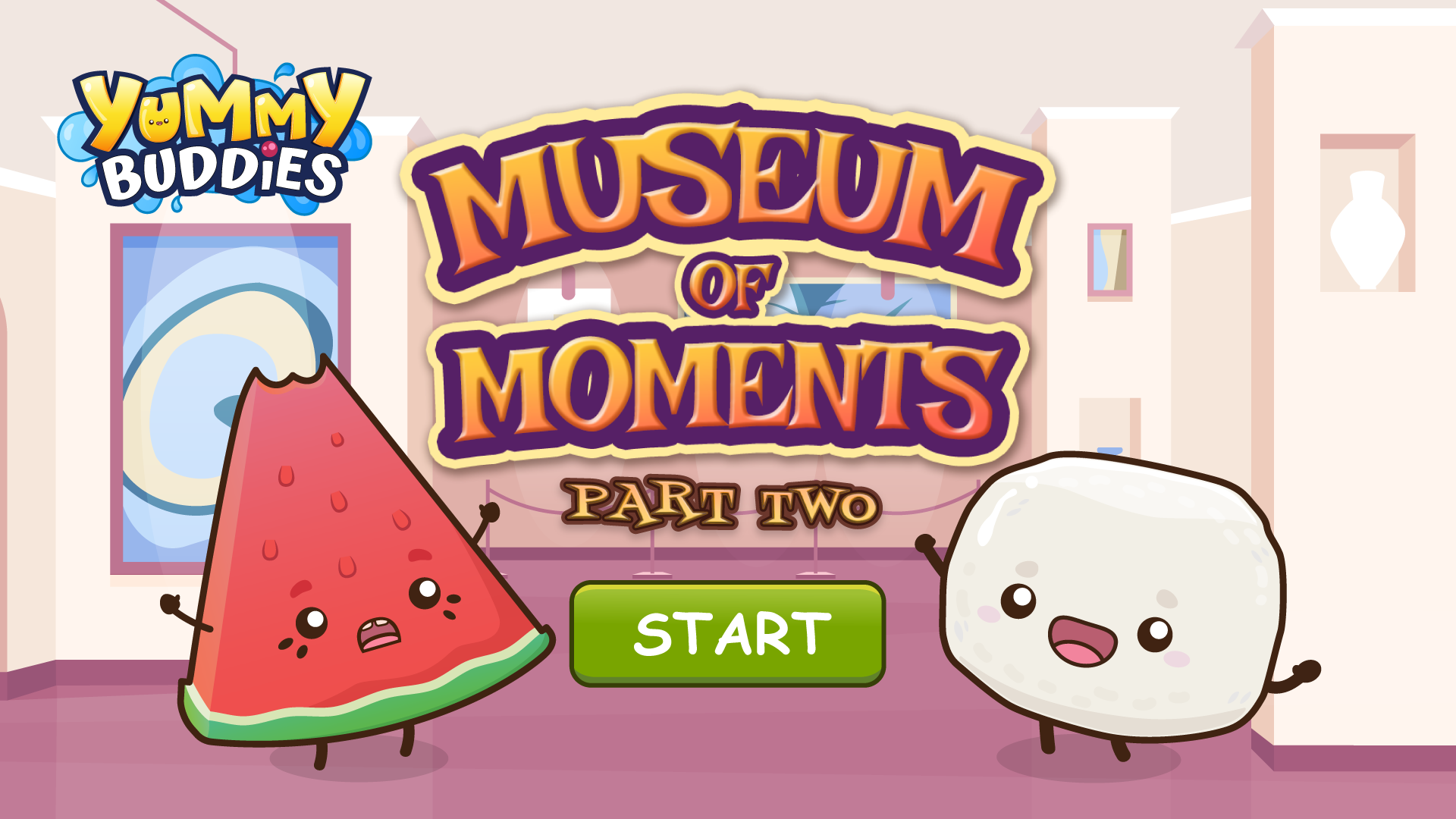 Title card for "MUSEUM OF MOMENTS PART TWO" featuring Merry looking surprised and Bouncy cheering inside an art museum gallery beside a green "START" button.